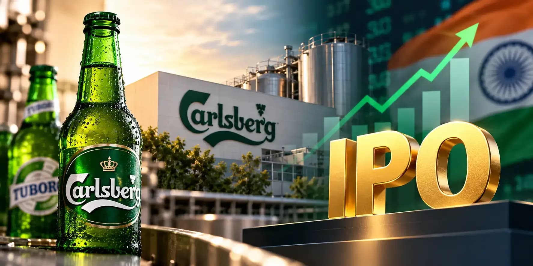 Carlsberg India IPO: Carlsberg and Tuborg beer bottles with a brewery backdrop, Indian flag and rising stock market graphics representing the proposed $700 million IPO.