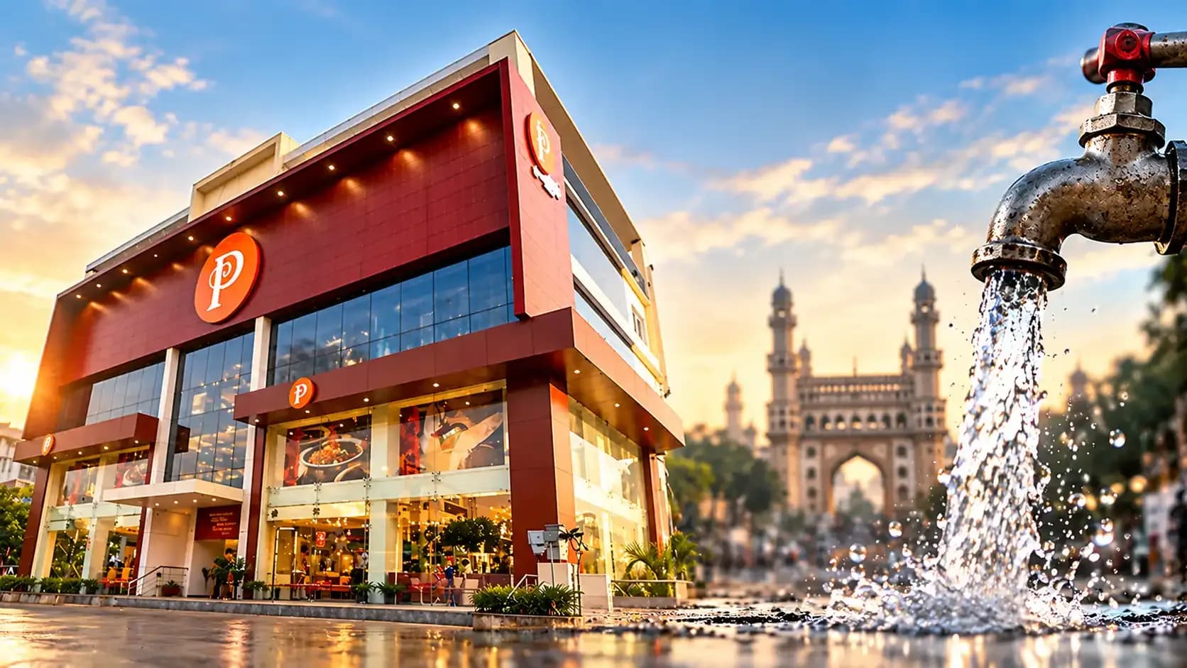 Paradise Hotel in Hyderabad featured alongside flowing water, illustrating the ₹20,000 fine imposed by the Hyderabad Water Board for alleged drinking water wastage.