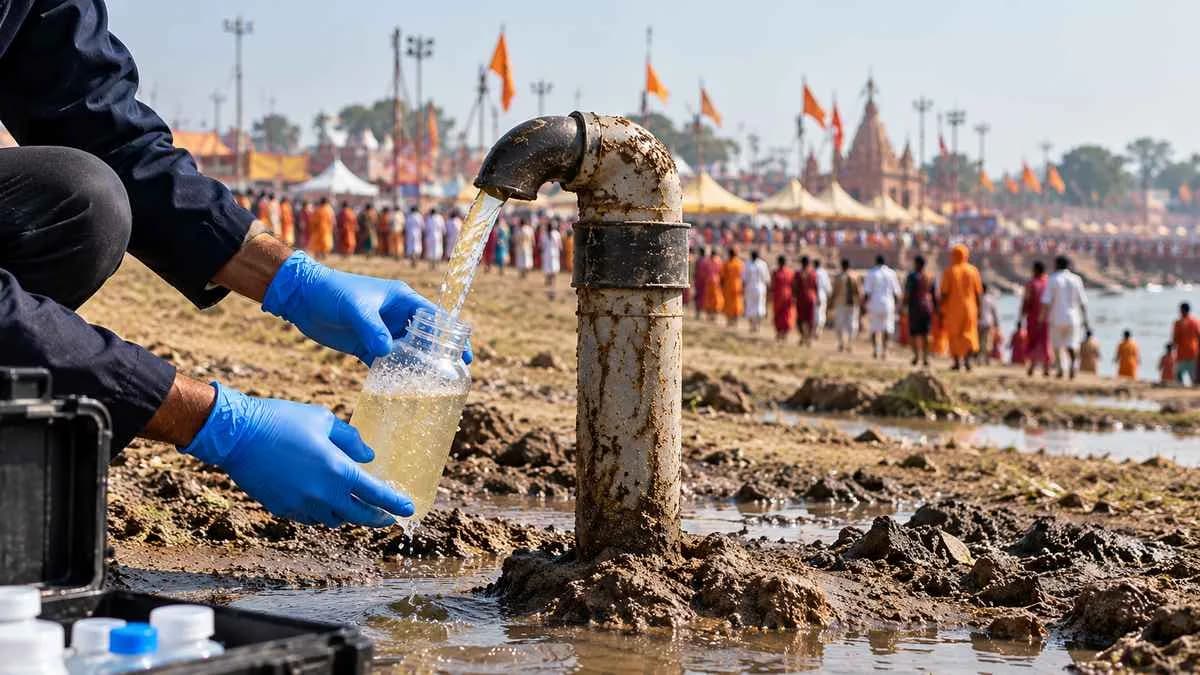 Realistic representation of groundwater sampling near the Nashik Kumbh Mela site, highlighting concerns over chromium contamination and water pollution.
