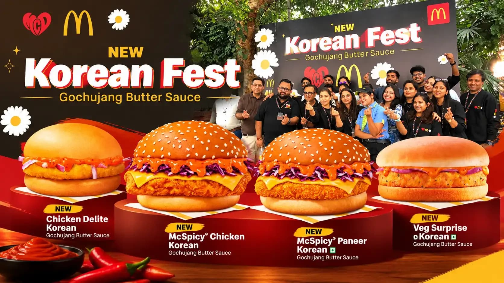 McDonald’s Korean Fest launch in India featuring Gochujang Butter Sauce burgers, with the Indian Food Times team and event attendees at the launch event in Connaught Place, New Delhi.