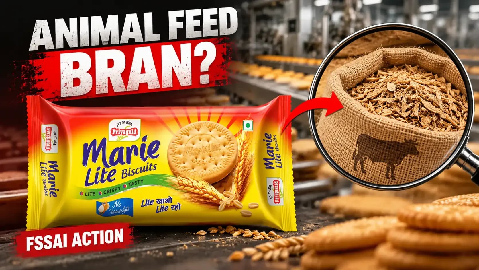 PriyaGold Marie Lite biscuits featured in a food safety news banner about FSSAI action over reported use of animal-feed bran in biscuit manufacturing.