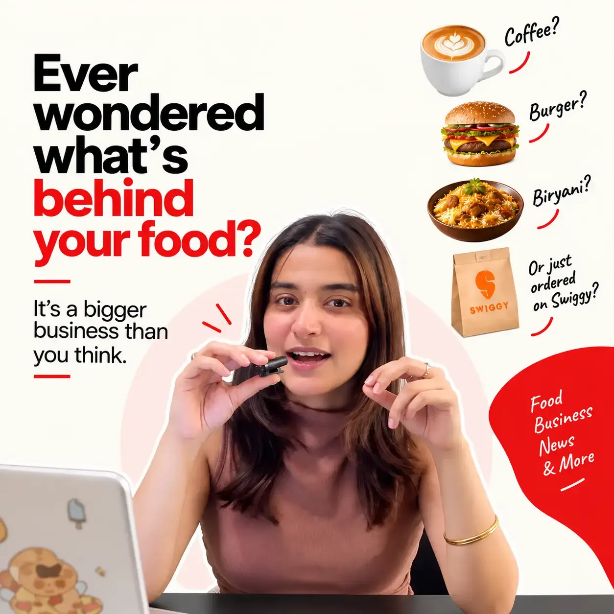 Indian Food Times thumbnail featuring a UGC creator discussing the business behind food, including restaurants, burgers, biryani, coffee, food delivery and quick commerce.