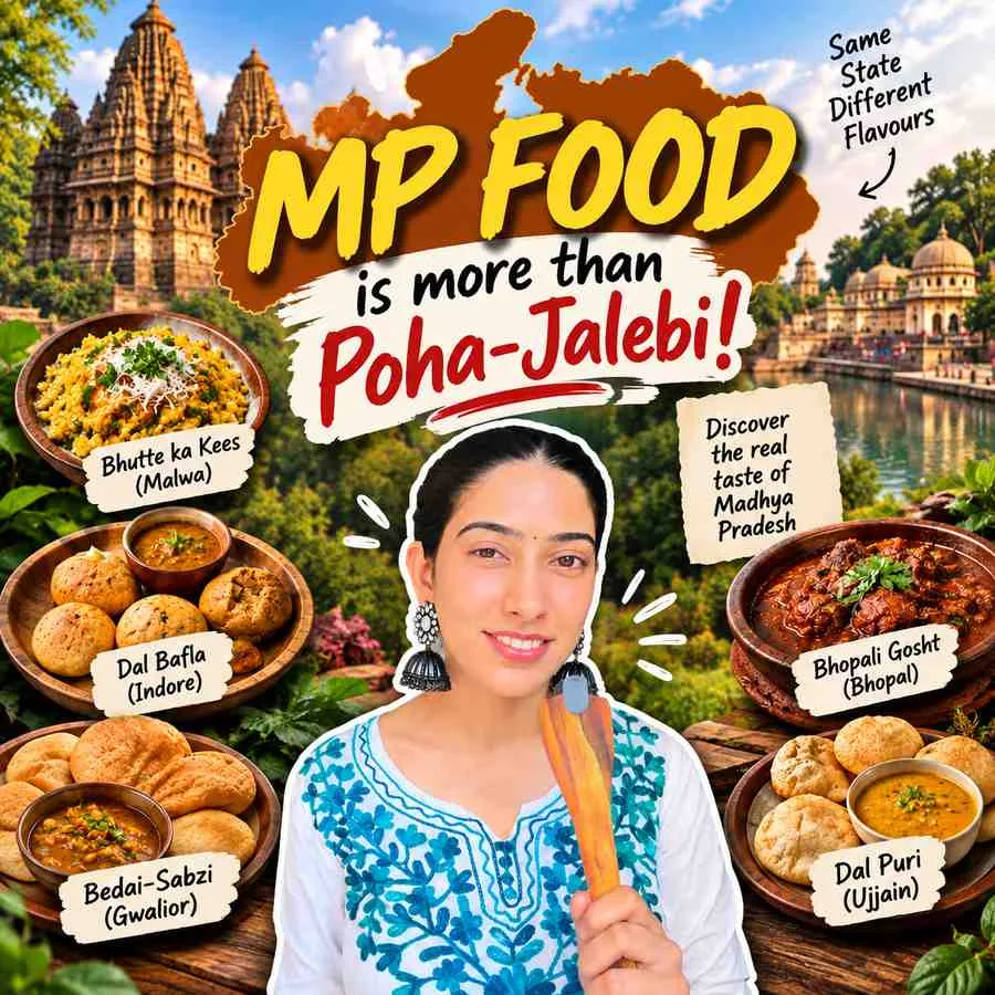 Madhya Pradesh food banner featuring a smiling woman holding a wooden spatula, surrounded by Dal Bafla, Bhutte Ka Kees, Bedai-Sabzi, Bhopali Gosht and Dal Puri, with the headline “MP Food is More Than Poha-Jalebi!” and visuals representing the diverse food culture of Madhya Pradesh.