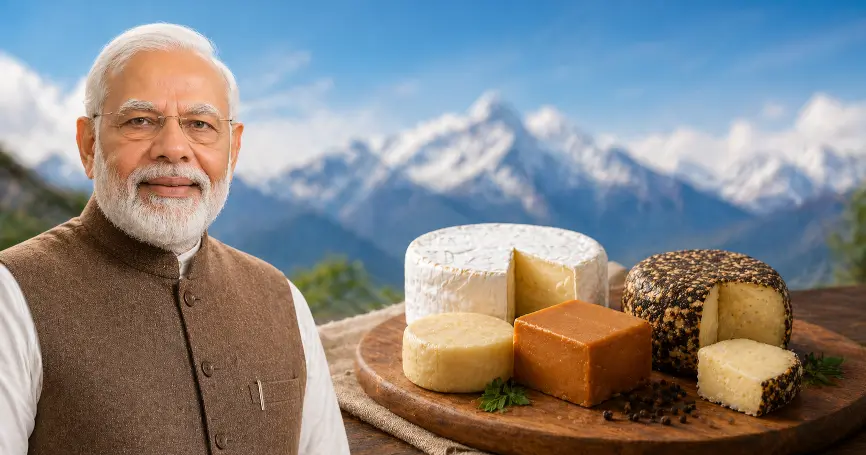 Prime Minister Narendra Modi standing beside a wooden platter of assorted artisanal cheeses with a scenic Himalayan mountain backdrop, highlighting India’s global cheese achievements.