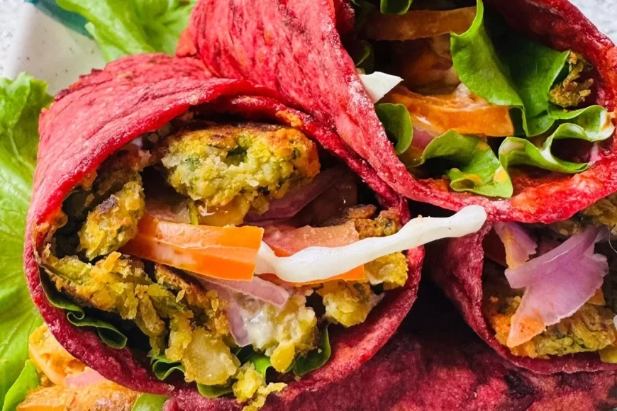 Kabuli Chana Tikki Wrap with Creamy Kashmiri Chili–Cashew Sauce in a Soft Beetroot Roti