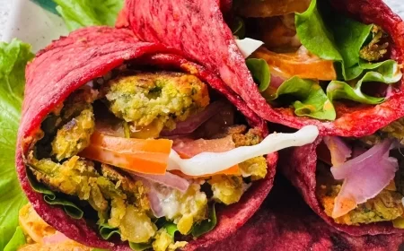 Kabuli Chana Tikki Wrap with Creamy Kashmiri Chili–Cashew Sauce in a Soft Beetroot Roti
